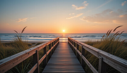 Obraz premium Beach Sunset Scenic Ocean View with Wooden Boardwalk
