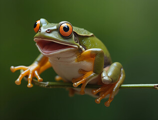 Naklejka premium Bright orange-eyed tree frog resting on a branch in a lush green environment during daylight hours in a tropical rainforest setting