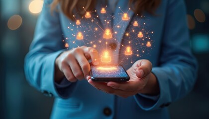 Woman uses mobile to manage network, connect users. Client acquisition strategies leverage rising tech to engage audiences at touchpoints for business growth. User feedback, retention via service,