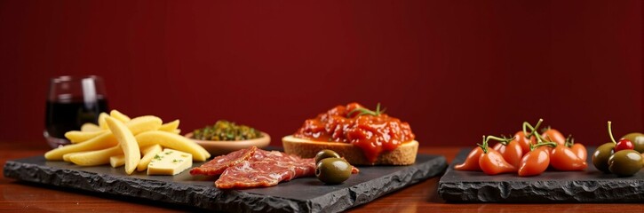 Obraz premium Traditional Spanish Tapas Platter with Patatas Bravas, Chorizo, and Manchego Cheese