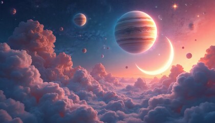 Fantasy cosmic cloudy illustration with planets, moon in pink, blue, orange colors. Universe fantasy background with clouds, celestial bodies. Astrology related illustration. Mystic sky with stars,