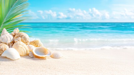 White sand beach with seashells and palm tree leaf on a sunny summer day holidays, evoking a sense of tranquility and escape background Copy space for text