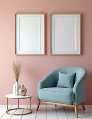 Two white rectangular picture frames on pink wall above light blue armchair with pillow. Gold decor coffee table next to vase with spikelets. Modern minimal interior layout design.