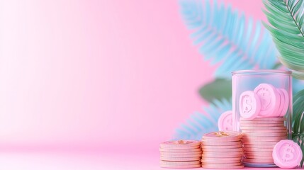 modern and vibrant display of pink coins stacked beside glass jar filled with more coins, set against soft pink background with tropical leaves