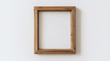 An empty wooden frame mockup hanging on a white wall, shown from a top view, providing minimalist design with blank space for artwork or poster presentation.