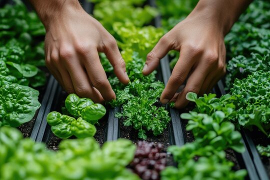 Hands gently tending a vibrant, diverse array of leafy greens in a vertical garden.