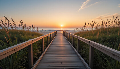 Fototapeta premium Beach Sunset Scenic Ocean View with Wooden Boardwalk