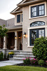 Luxury Home Exterior: Modern Architecture and Landscaping Design.  Stunning facade with elegant landscaping, showcasing a beautiful contemporary home design.