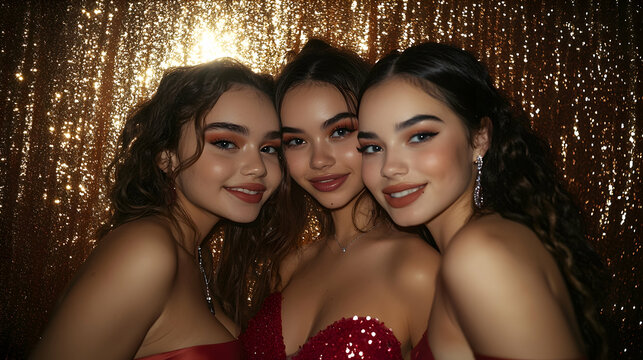 Three young women posing in a photo booth at a prom party