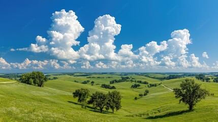 Fototapeta premium Rolling hills, summer landscape, green fields, blue sky, clouds