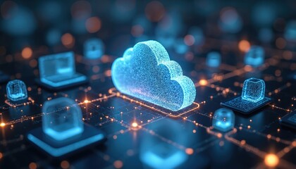 Cloud storage access from connected devices in data center. Smart home, IoT integration with laptops, tablets, phones, domestic devices using computing tech. Digital transformation, big data