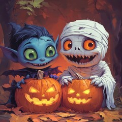 Adorable Characters with Pumpkins in a Spooky Forest Setting