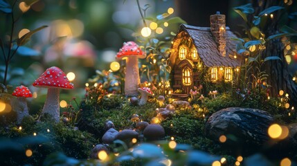 Fototapeta premium Enchanted Fairy House Surrounded by Colorful Mushrooms and Lights