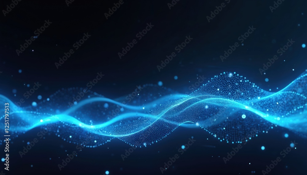 Poster illustration of glowing beam composed of blue lines and dots on black backdrop. futuristic abstract 