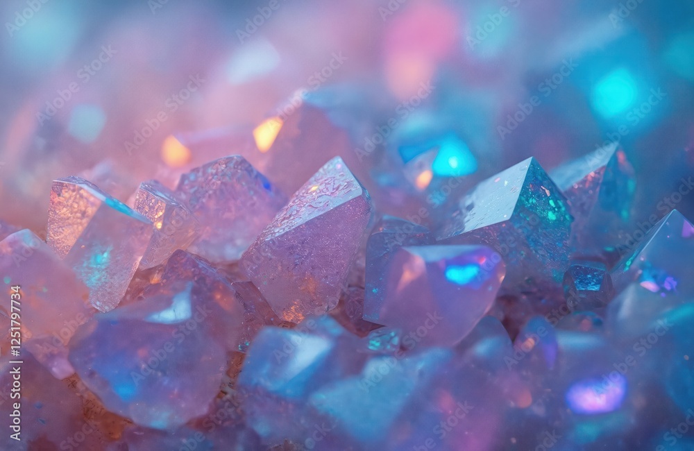 Poster closeup texture shows shiny opal crystals with iridescent light play. gemstone mineral rock in polyg