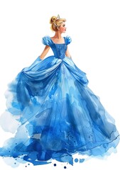 Elegant watercolor painting of a young woman in a beautiful blue ball gown, radiating grace and fairytale charm.