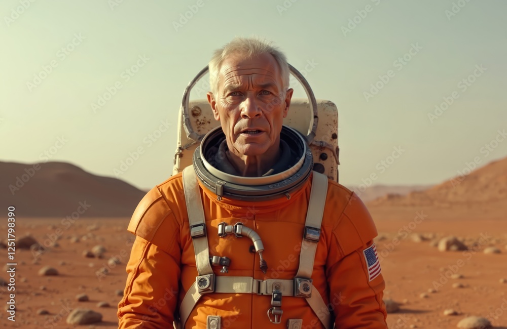 Aufkleber senior astronaut in orange spacesuit with american flag on mars planet surface. elderly spaceman exp
