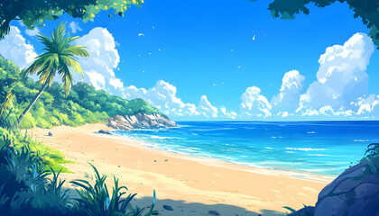 Idyllic summer beach scene with vast open space and clear skies, perfect for a vacation backdrop AI Generated