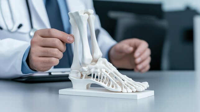 A podiatrist demonstrates an anatomical foot skeleton model to his assistant as they examine a patient's injured leg in the traumatology and orthopedics department