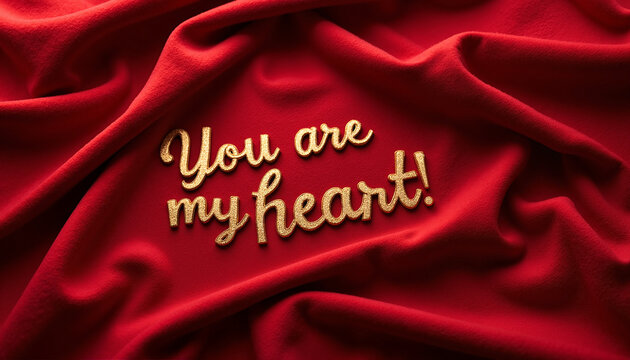Golden text "You are my heart!" on a luxurious red fabric background, copy space