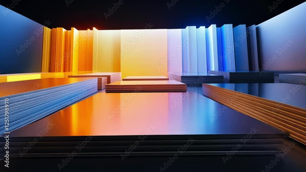 Poster abstract scene illuminated by multicolored lights creating gradients on surfaces and platforms, perf