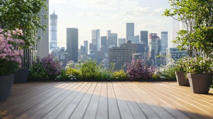 Fototapeta premium Vibrant Urban Rooftop Garden Overlooking City Skyline at Sunset