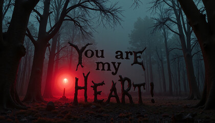 Eerie forest scene with the phrase "You are my heart!" illuminated by a glowing light, copy space