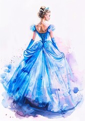 Obraz premium Elegant watercolor painting of a young woman in a flowing blue ball gown, her back turned to the viewer, creating a sense of mystery and grace.
