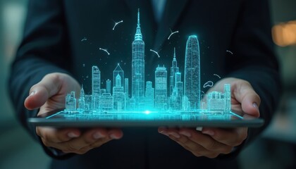 Person holds tablet displaying digital cityscape blueprint. Image represents urban innovation smart tech, network solutions. Visualization suits future construction projects for modern city