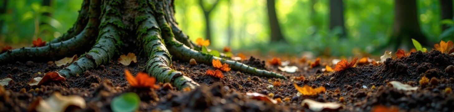 tree roots and fallen leaves in a rich soil background, organic, forest