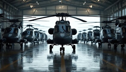 Row military helicopters stand inside hangar. Black vehicles look futuristic. Parked helicopters mirror on wet floor surface. Aviation sector and air transport. Ground view of defense aircraft fleet.