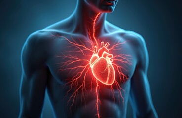 Illustration of man with bright red heart, blood vessels on chest. Cardiovascular disease, heart attack, chest pain. Represents cardiology, cardiac health, medical emergencies. Health concept.