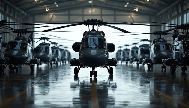 Row military helicopters stand inside hangar. Black vehicles look futuristic. Parked helicopters mirror on wet floor surface. Aviation sector and air transport. Ground view of defense aircraft fleet.