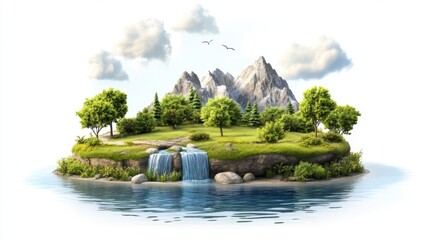 Scenic Mountain Island Landscape with Waterfall and Lush Trees Under Bright Blue Sky and Soft Clouds