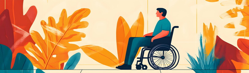 Naklejka premium Inclusive design featuring a man in a wheelchair, accessibility and awareness theme AI Generated