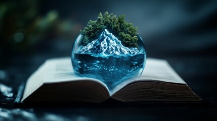 captivating book cover design featuring mountain landscape inside glass sphere, symbolizing adventure and imagination