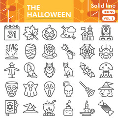 Halloween symbols collection or sketches. Party bar theme icons in linear style signs for web and app. Vector graphics isolated on white background.