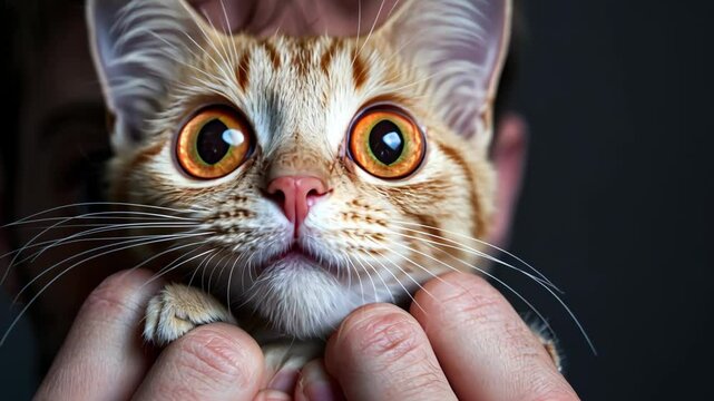 Close-up of orange cat with wide eyes held by man against dark background, pet dander allergy concept