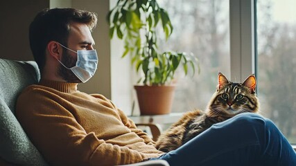 Man with face mask sitting near window with cat looking thoughtful, concept of allergy