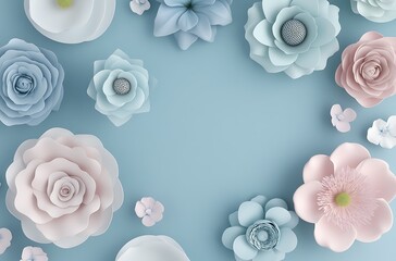 Naklejka premium Pastel Flowers Elegantly Arranged on Soft Blue Background