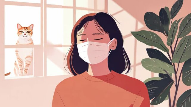 Woman wearing protective mask indoors with cat outside near sunlit window and houseplant, highlighting allergy concept