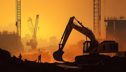 Industrial construction site in the midst of development, showcasing heavy machinery and workers AI Generated
