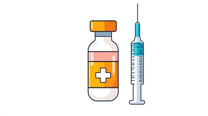 Flat art style icon of Vaccine vial with syringe symbolizing immunization medical injection and disease prevention in healthcare, created in a minimalism pastel tone illustration
