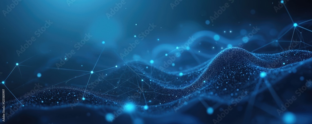 Aufkleber Abstract blue network background hi-tech connections. Nodes connect via lines forming futuristic cyber landscape. Tech innovations visible in complex datum communication systems. Digital cyberspace