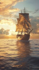 Obraz premium Majestic Sailing Ship on Calm Waters at Sunset with Dramatic Sky