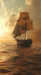 Fototapeta premium Majestic Vintage Sailing Ship Gliding Across Golden Sunrise Waters