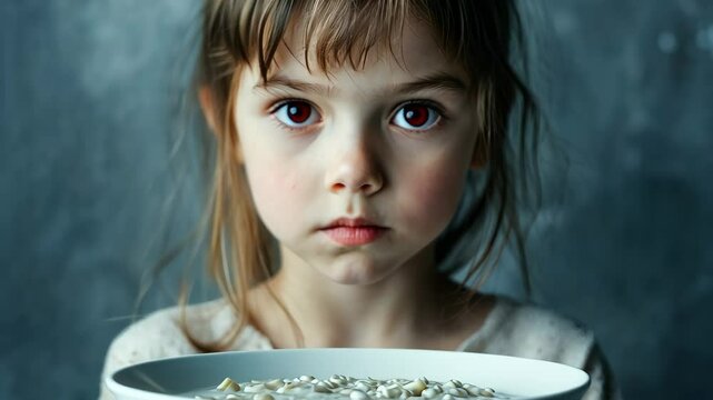 Concerned young gilrl with food intolerance refusing cottage cheese at meal time in kitchen setting &ndash; allergy concept