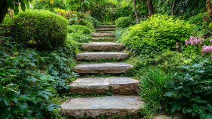 Tranquil Garden Pathway with Stone Steps Surrounded by Greenery