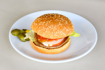 Big tasty burger with beef cutlet on a plate. Hamburger, cheeseburger with mushroom. Hamburger, Mexica, mushroom double burger.  Crispy chicken burger. With french fries, patates kizartmasi.