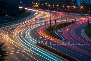 Cityscapes Photography, Aerial view of a bustling road at night, featuring vibrant light trails from vehicles and illuminated traffic signals.